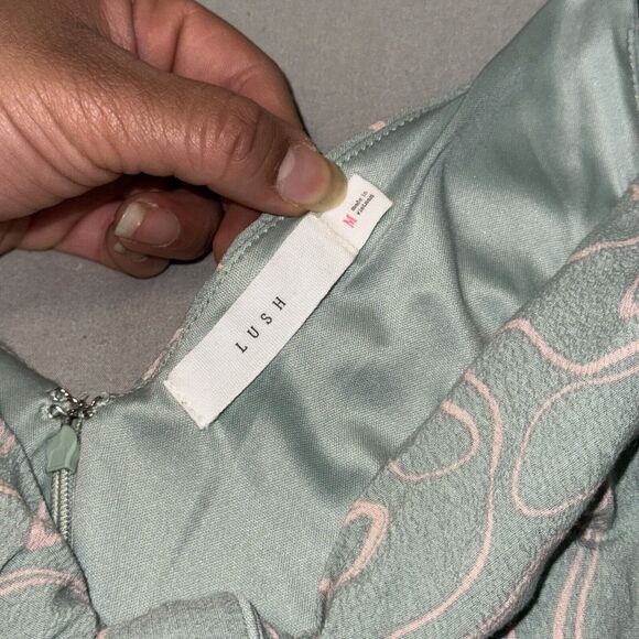 Lush Midi Dress Women's Medium Sage Pink Swirl Twist Front Side Slit Back Zip - Picture 4 of 8